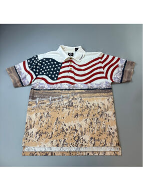 Vintage Tabasco Polo Shirt Medium American Flag Allover Graphic Print Heritage